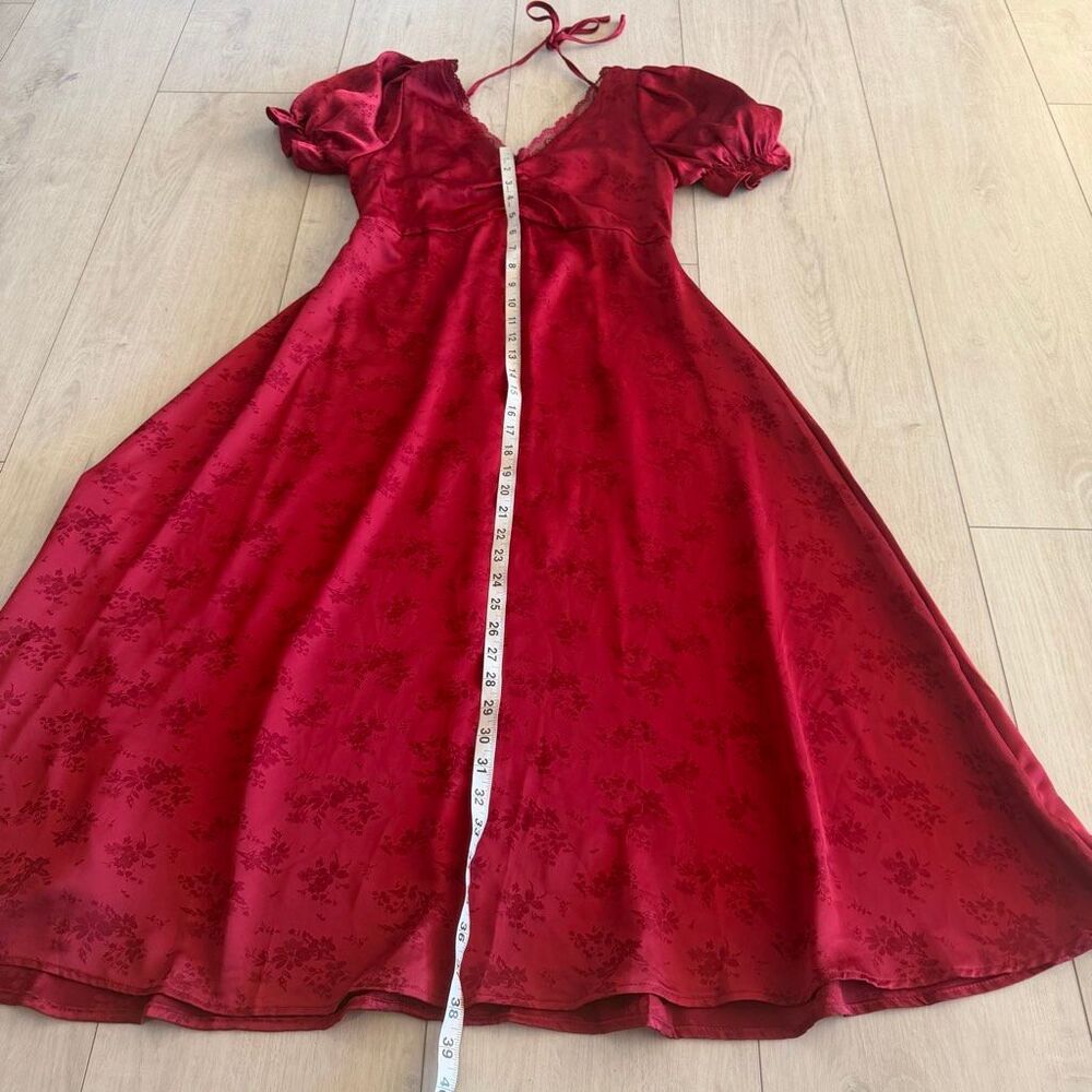 Red Satin Floral A-Line Midi Dress - Elegant V-Neck - Picture 2 of 7